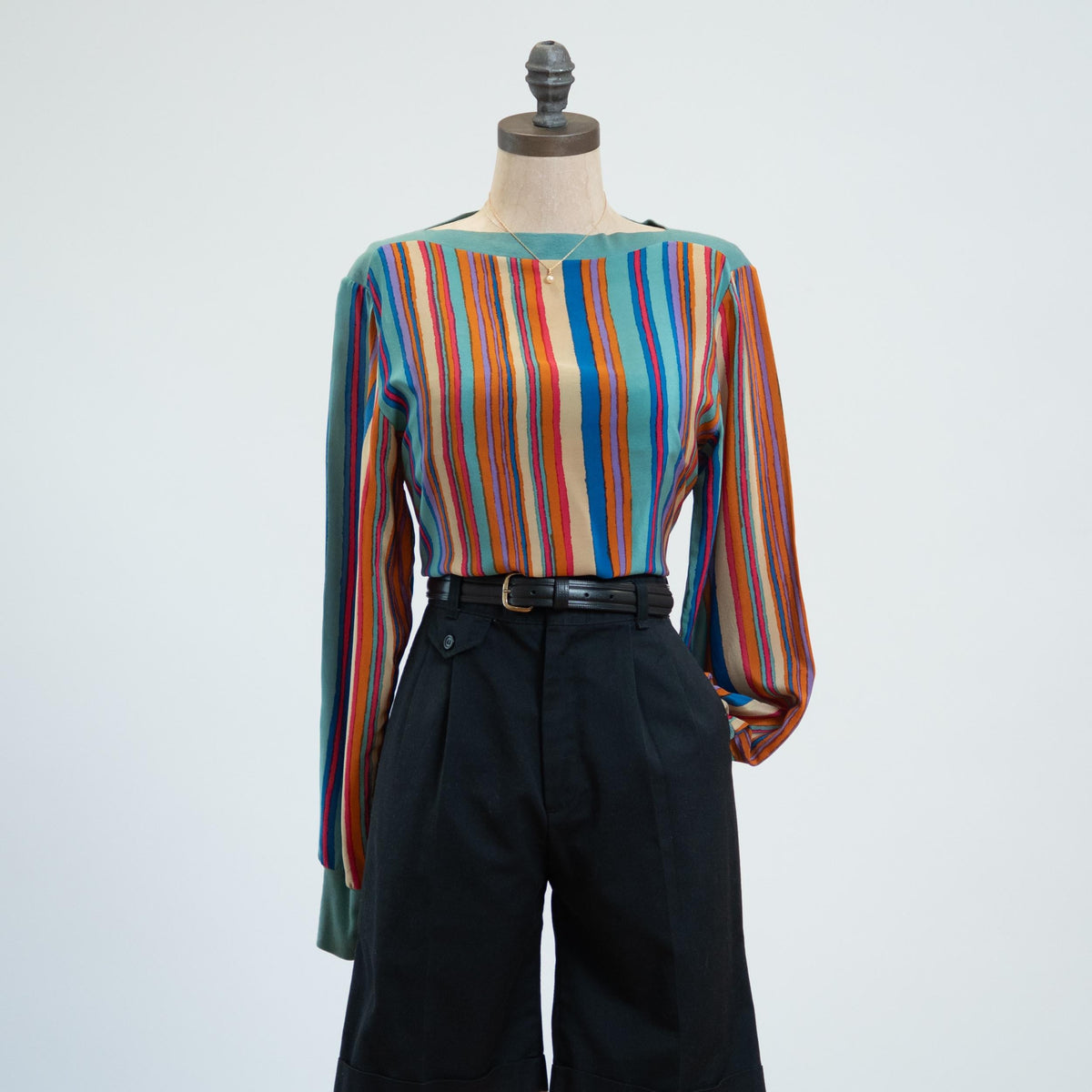 Vintage 80s Jeweled Tone Striped Silk Blouson Top - Medium | Long Sleeve Boatneck Blouse