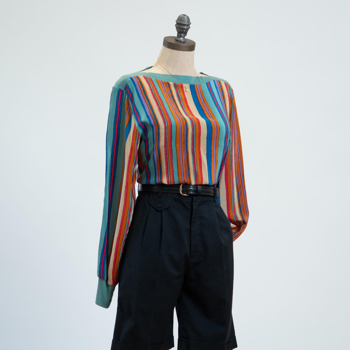 Vintage 80s Jeweled Tone Striped Silk Blouson Top - Medium | Long Sleeve Boatneck Blouse