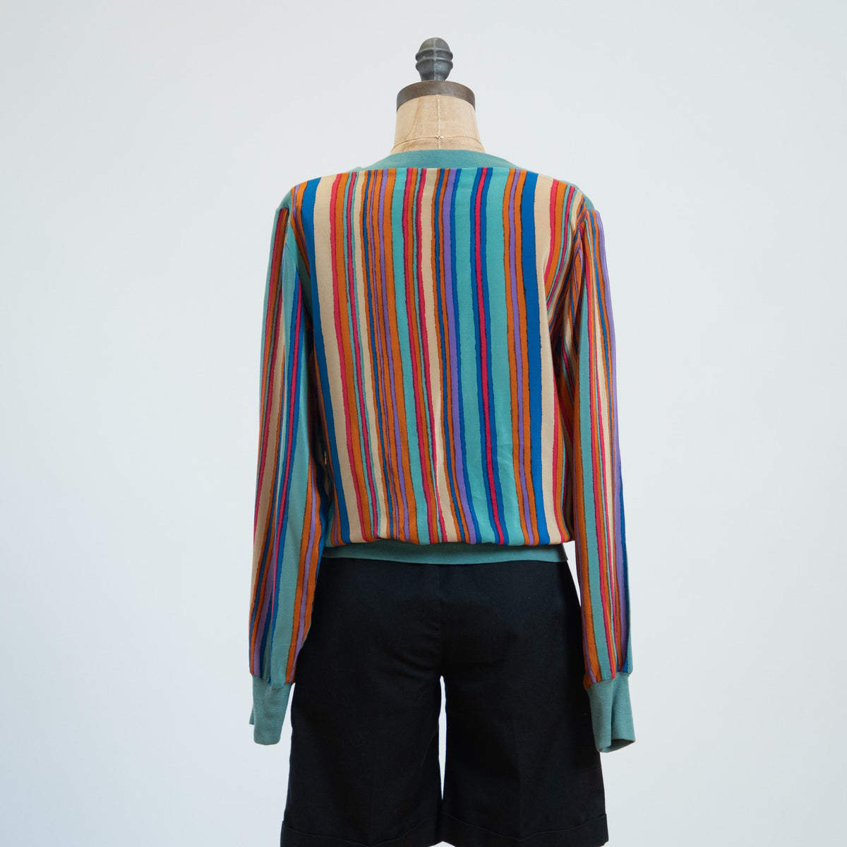 Vintage 80s Jeweled Tone Striped Silk Blouson Top - Medium | Long Sleeve Boatneck Blouse