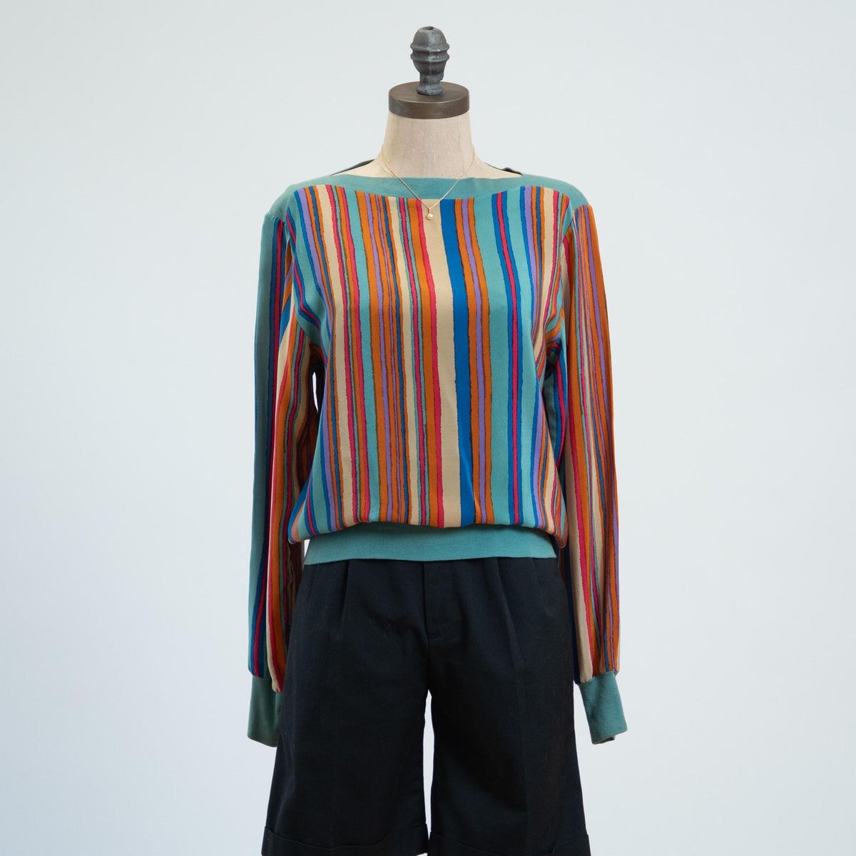 Vintage 80s Jeweled Tone Striped Silk Blouson Top - Medium | Long Sleeve Boatneck Blouse