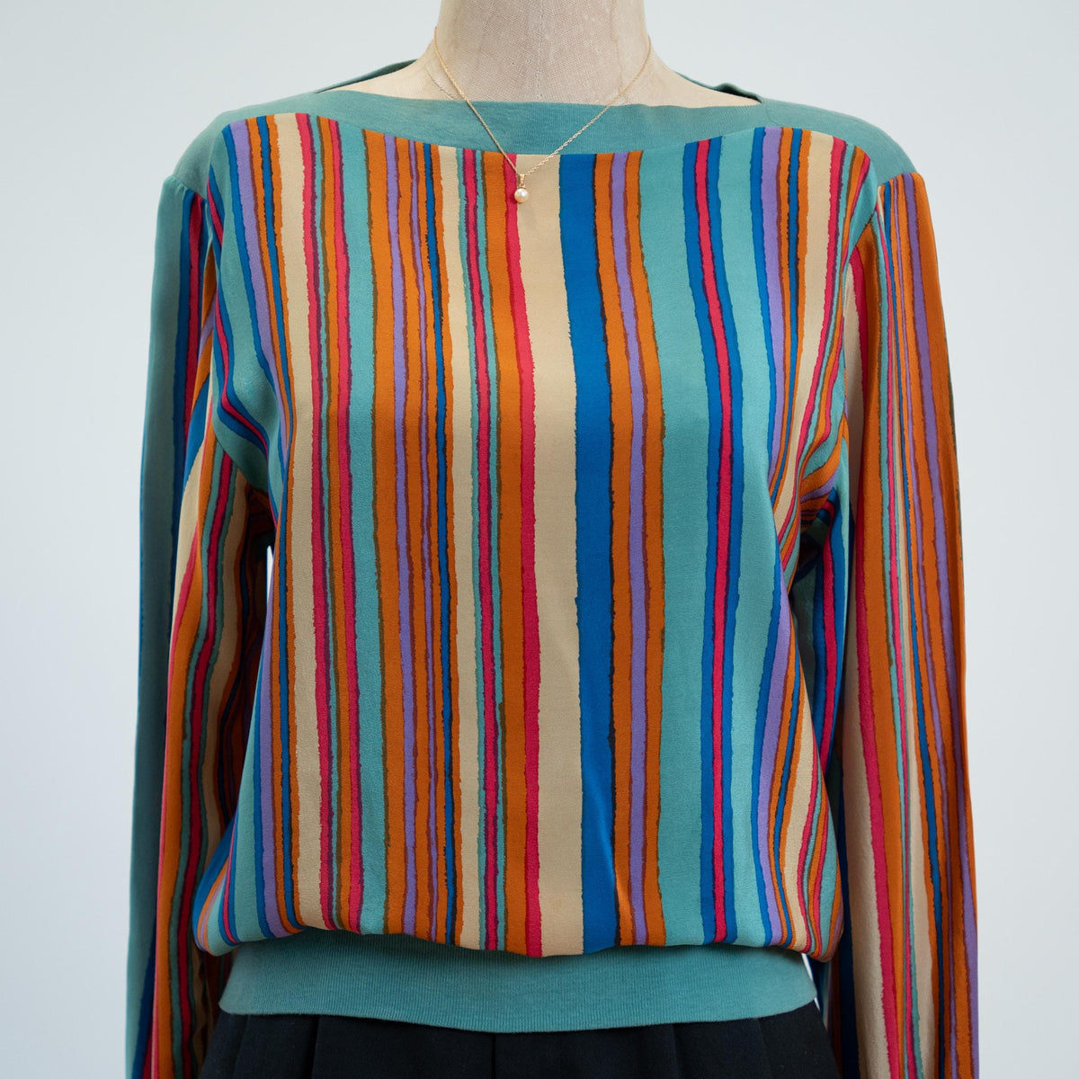 Vintage 80s Jeweled Tone Striped Silk Blouson Top - Medium | Long Sleeve Boatneck Blouse