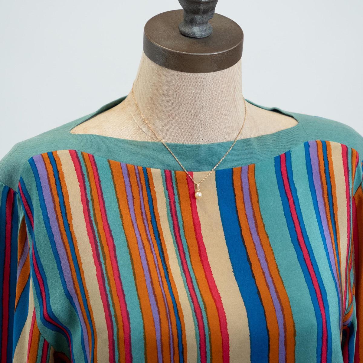 Vintage 80s Jeweled Tone Striped Silk Blouson Top - Medium | Long Sleeve Boatneck Blouse