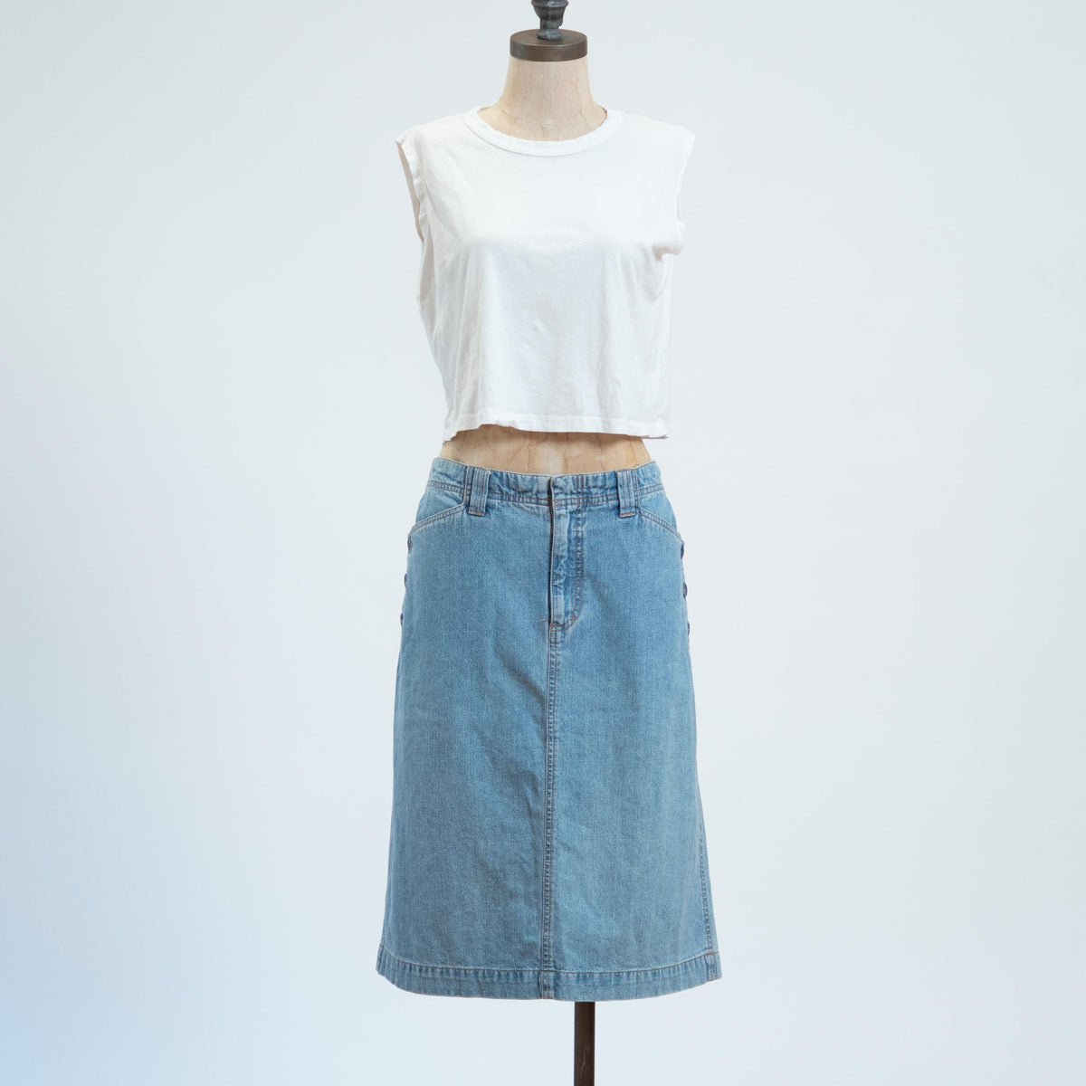 Vintage 90s Denim Side Button Midi Skirt - Large | Light Wash Knee Length Jean Skirt