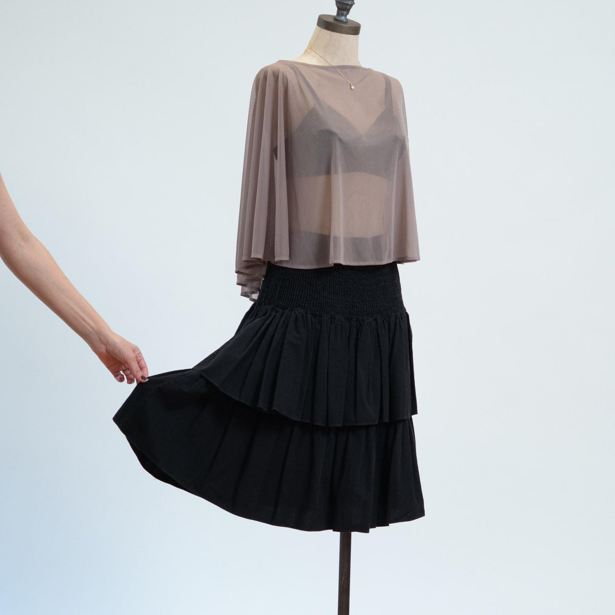 Vintage 80s Black Tiered Shirred Midi Skirt - Medium | High Waisted Cotton Skirt
