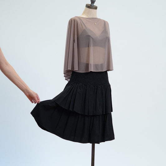 Vintage 80s Black Tiered Shirred Midi Skirt - Medium | High Waisted Cotton Skirt
