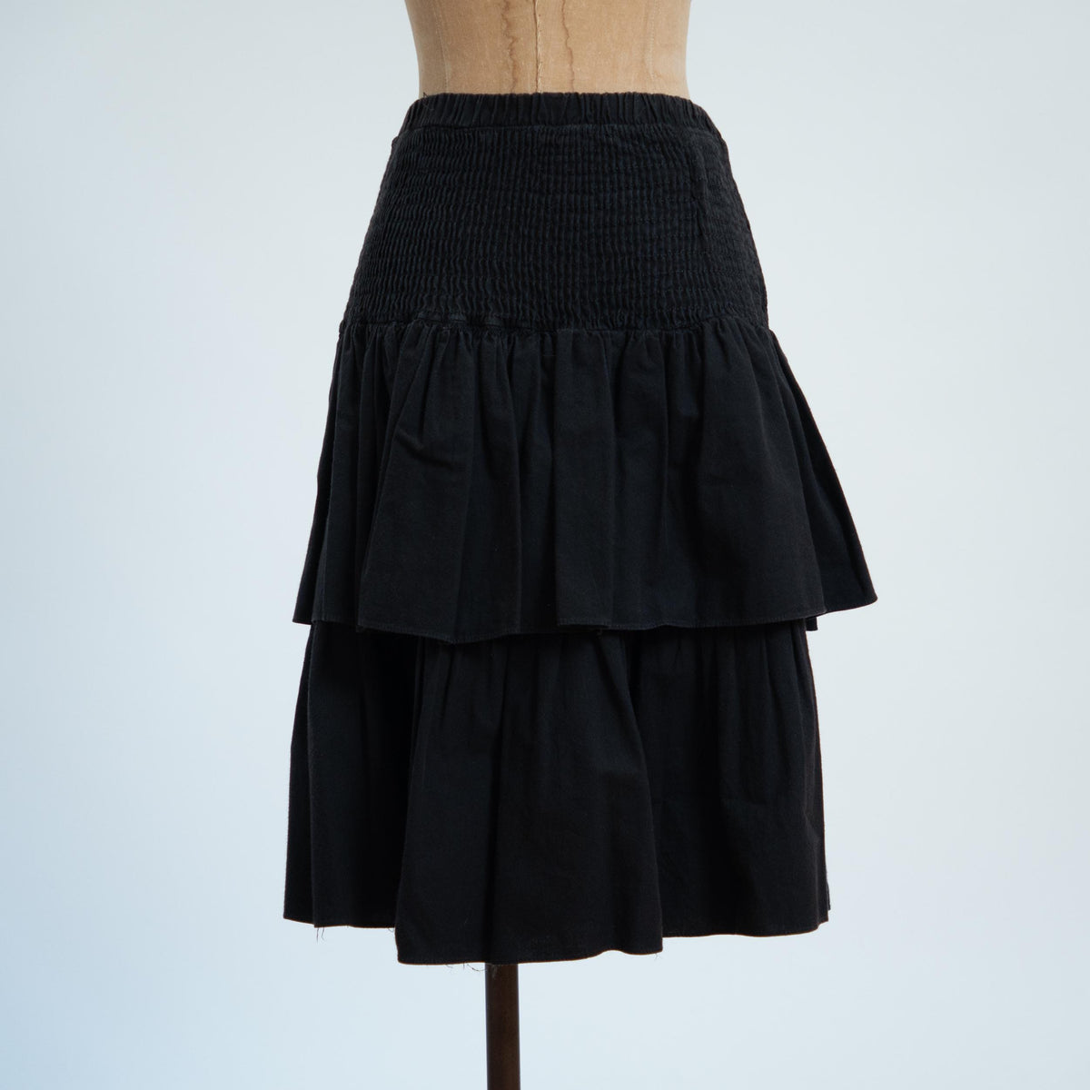 Vintage 80s Black Tiered Shirred Midi Skirt - Medium | High Waisted Cotton Skirt