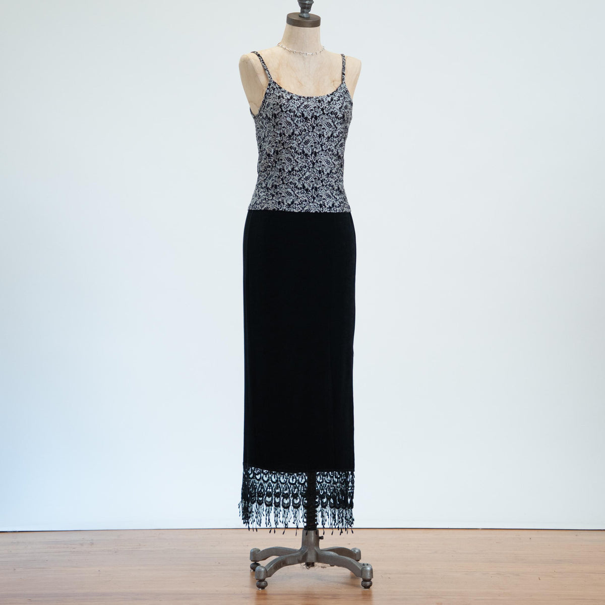 Vintage 90s Slinky Black Fringe Maxi Skirt - Medium to Large | Whimsigoth Stretchy High Waisted Long Skirt