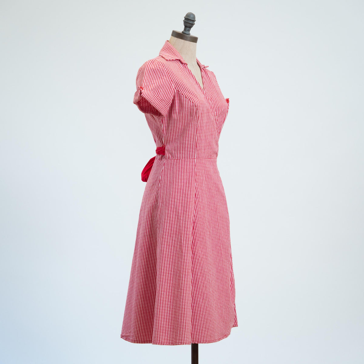 Vintage 90s Red & White Gingham Picnic Dress - Small | Retro Midi Wrap Dress