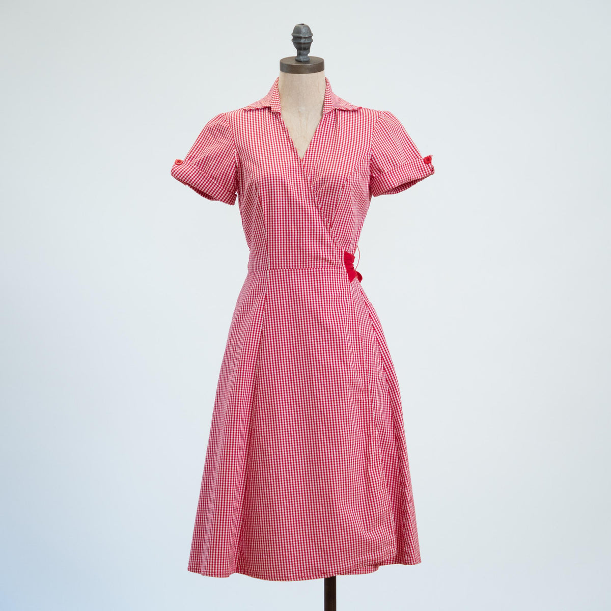 Vintage 90s Red & White Gingham Picnic Dress - Small | Retro Midi Wrap Dress