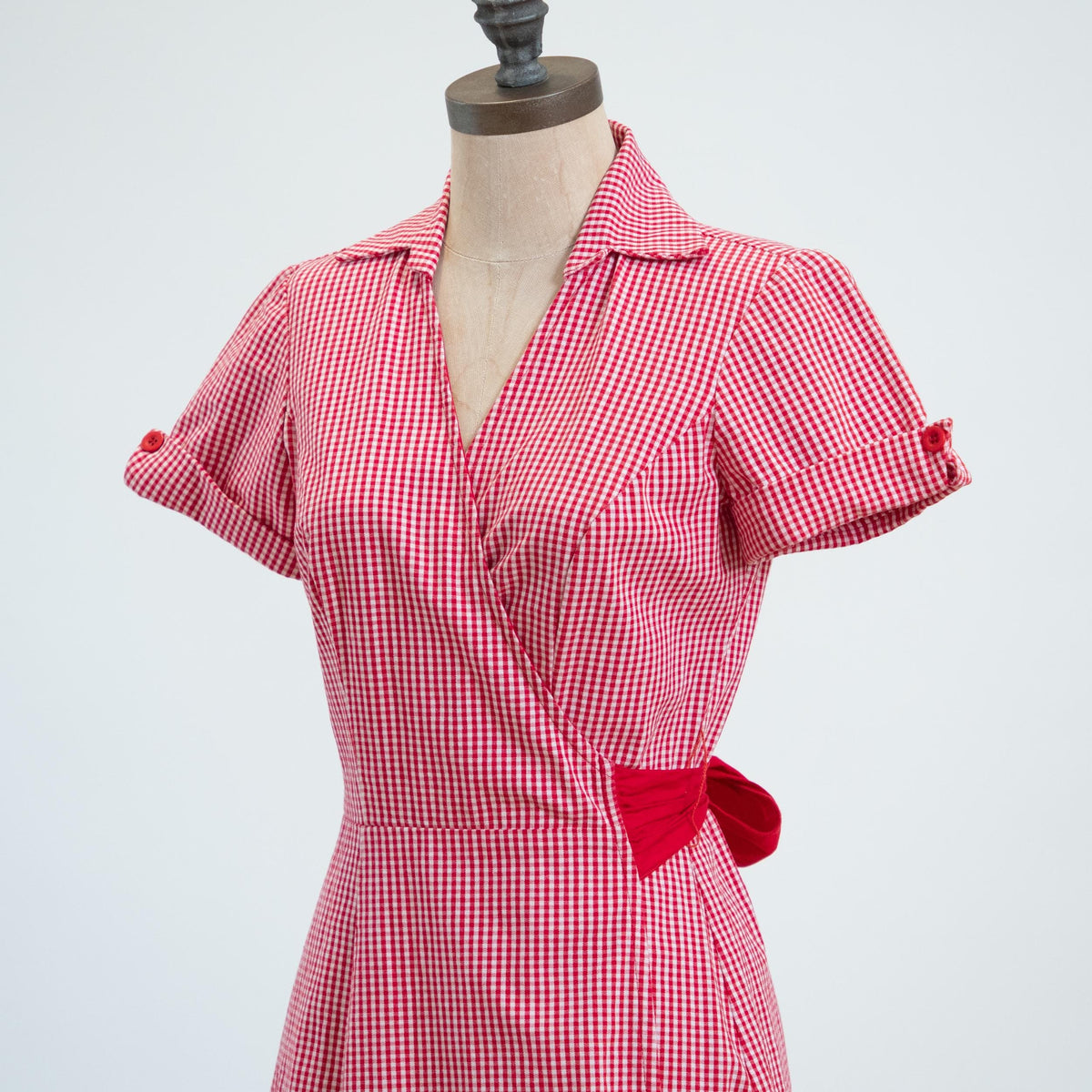 Vintage 90s Red & White Gingham Picnic Dress - Small | Retro Midi Wrap Dress