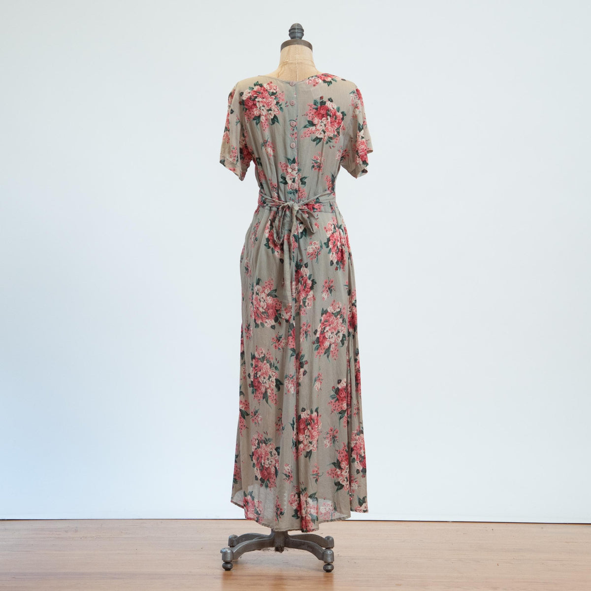 Vintage 90s Floral Bouquet Maxi Sundress - Small | Tie Back Boho Grunge Dress