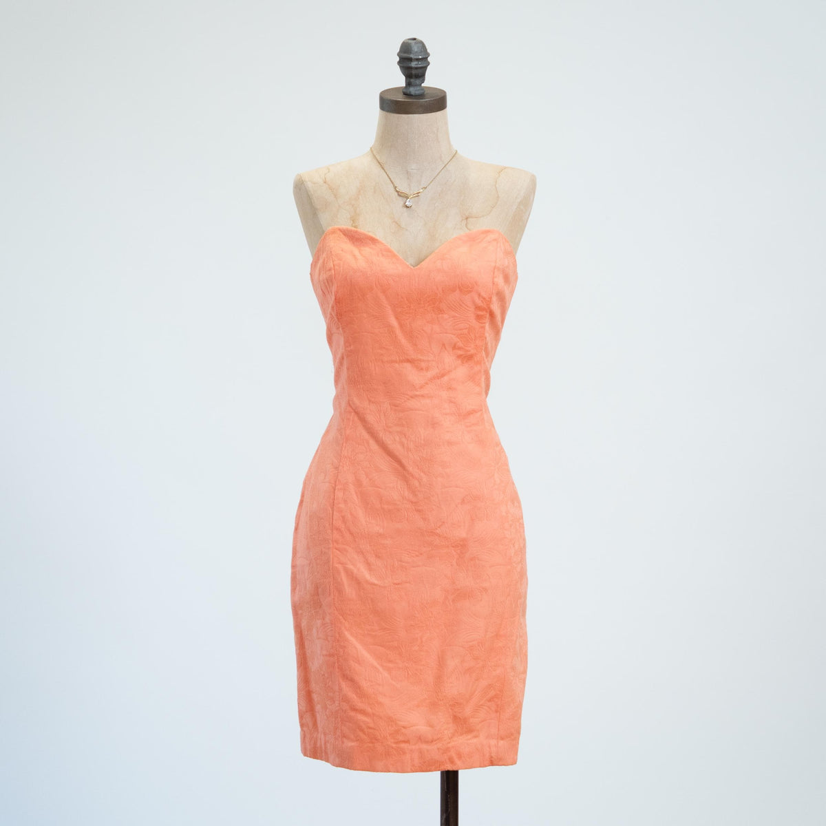 Vintage 80s Peach Jacquard Strapless Mini Dress - Medium | AJ Bari Cocktail Party Dress