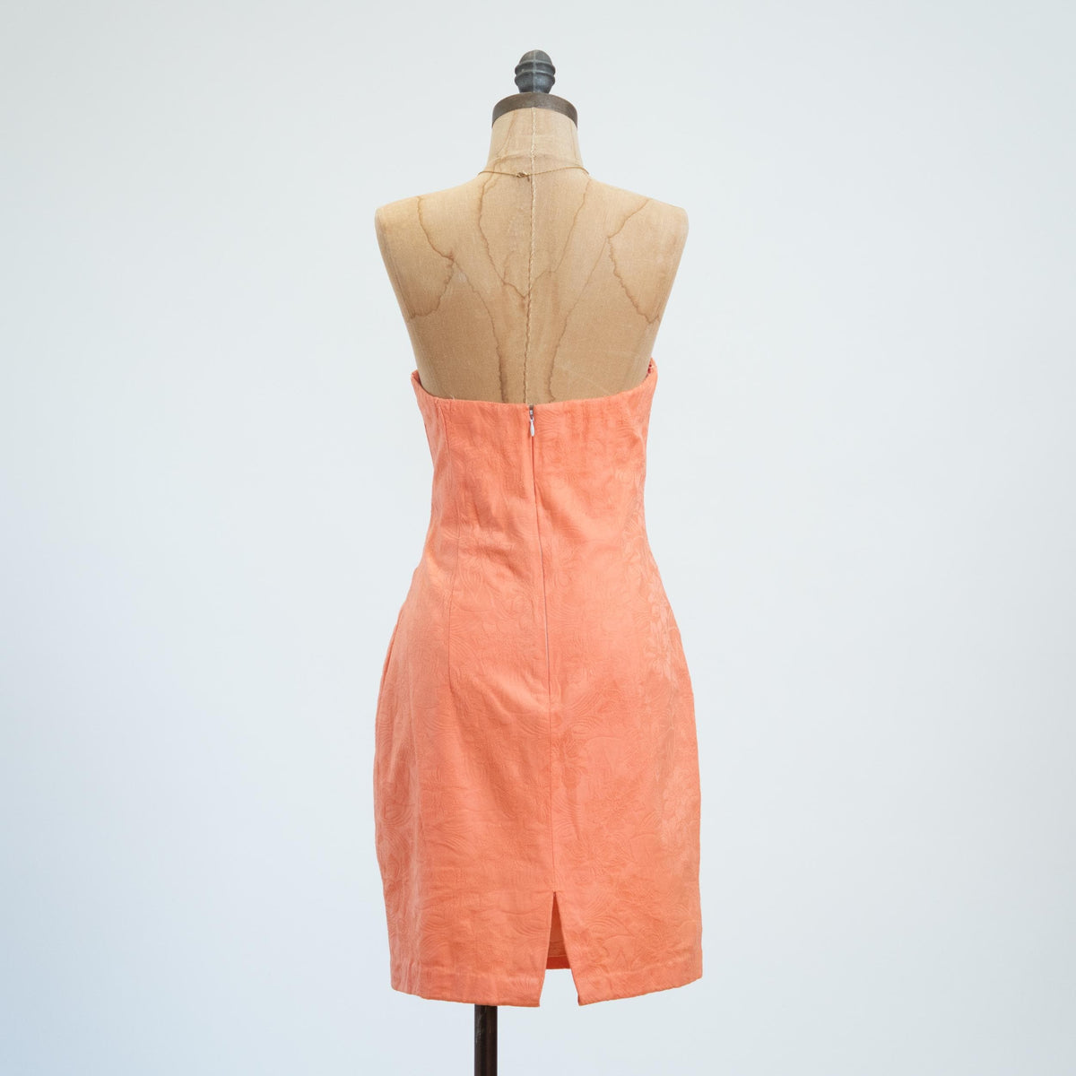 Vintage 80s Peach Jacquard Strapless Mini Dress - Medium | AJ Bari Cocktail Party Dress