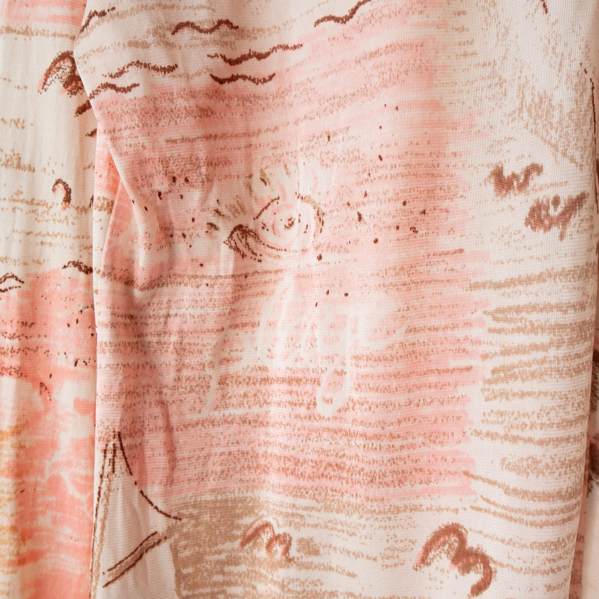 Vintage 70s "La Mer" Novelty Sailboat Print Blouse - Large | Peach Pink Button Up Collared Disco Top
