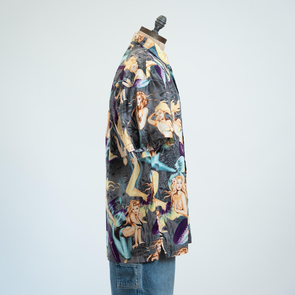Vintage 90s Mermaid Print Black Cotton Aloha Shirt - Extra Large | High Seas Trading Co Novelty Top