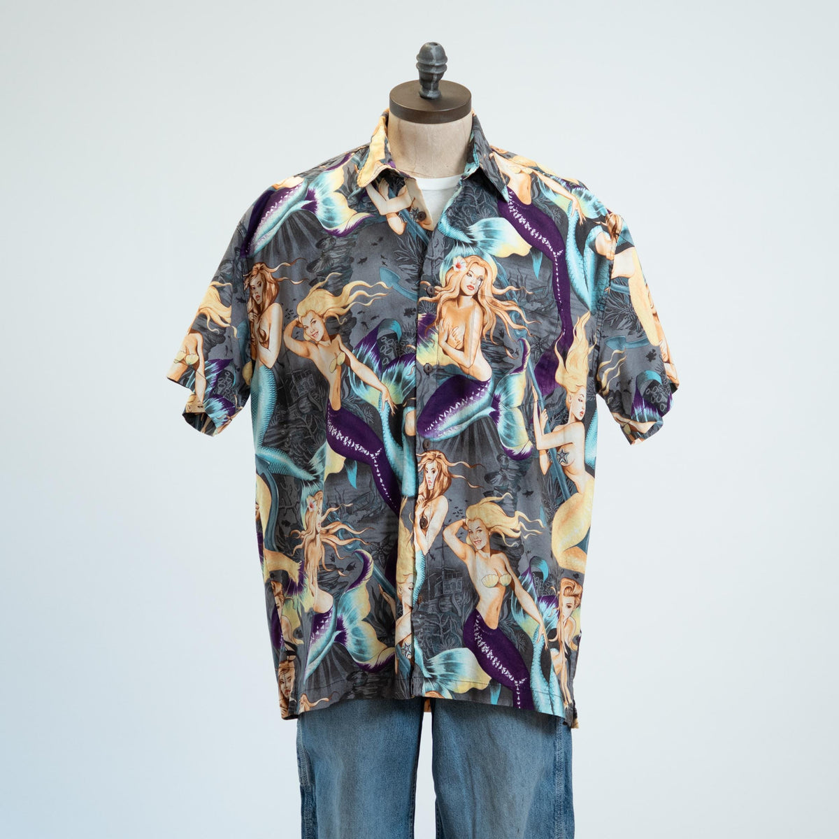 Vintage 90s Mermaid Print Black Cotton Aloha Shirt - Extra Large | High Seas Trading Co Novelty Top