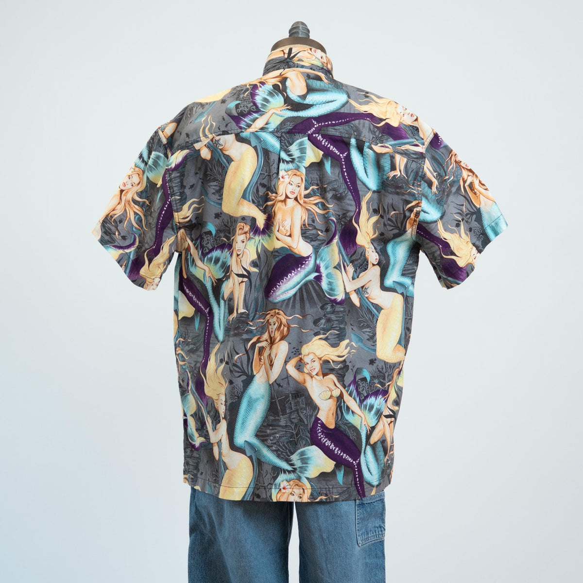 Vintage 90s Mermaid Print Black Cotton Aloha Shirt - Extra Large | High Seas Trading Co Novelty Top