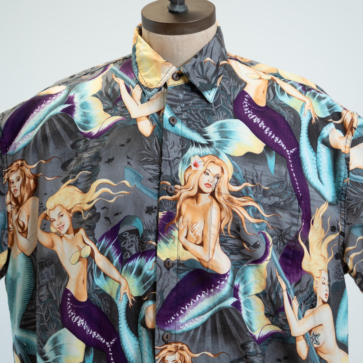 Vintage 90s Mermaid Print Black Cotton Aloha Shirt - Extra Large | High Seas Trading Co Novelty Top