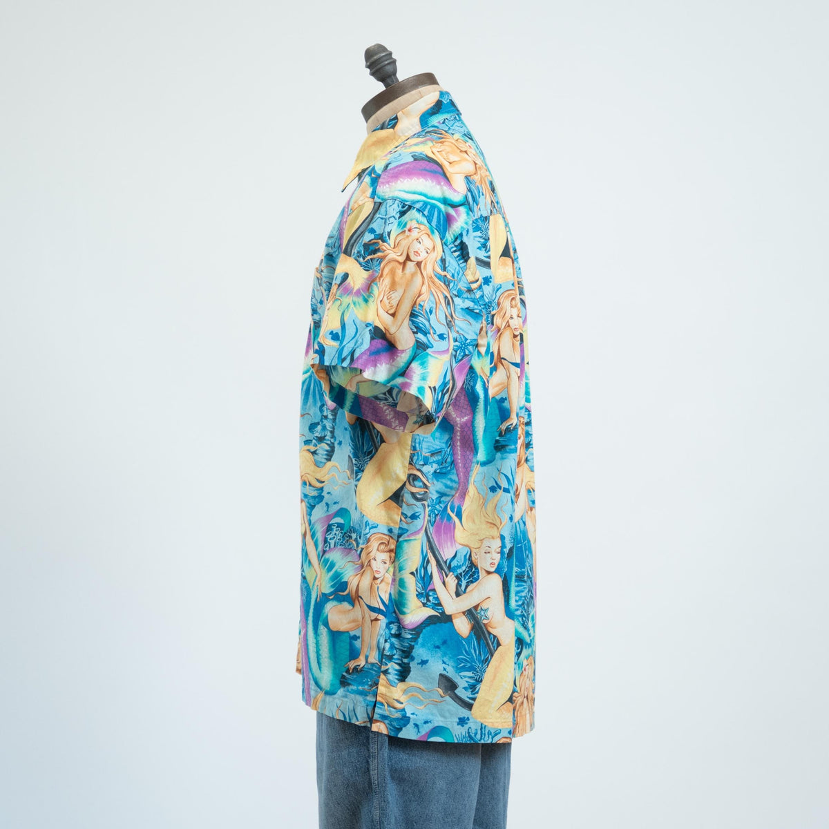 Vintage 90s Mermaid Print Blue Cotton Aloha Shirt - Extra Large | High Seas Trading Co Novelty Top