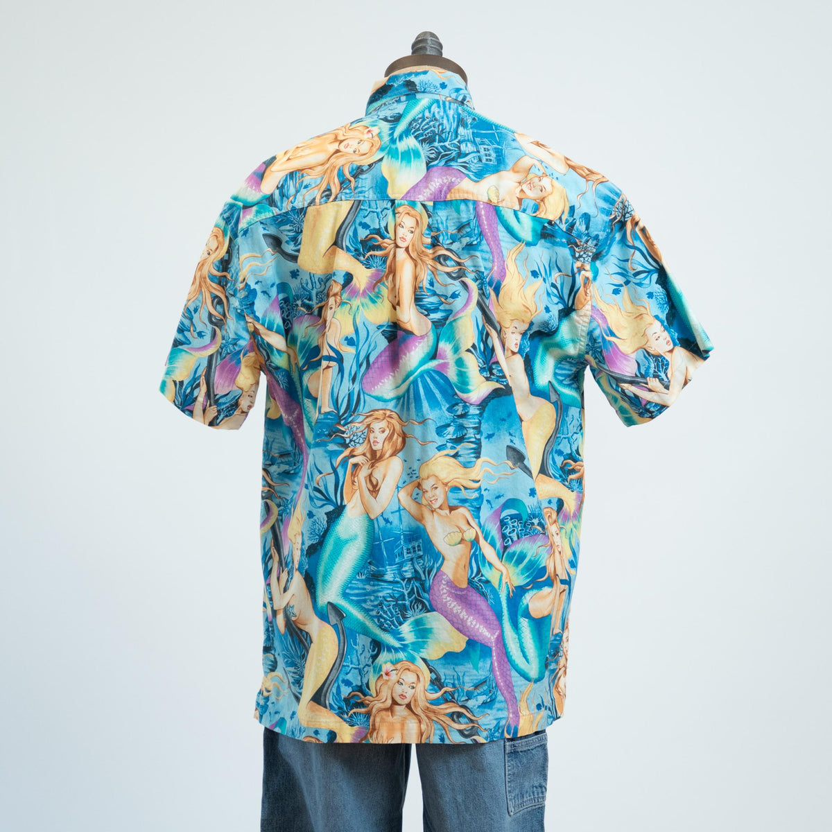 Vintage 90s Mermaid Print Blue Cotton Aloha Shirt - Extra Large | High Seas Trading Co Novelty Top