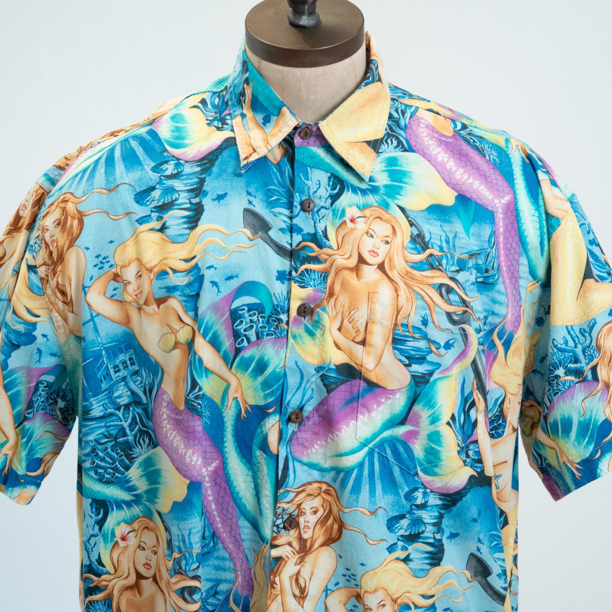 Vintage 90s Mermaid Print Blue Cotton Aloha Shirt - Extra Large | High Seas Trading Co Novelty Top