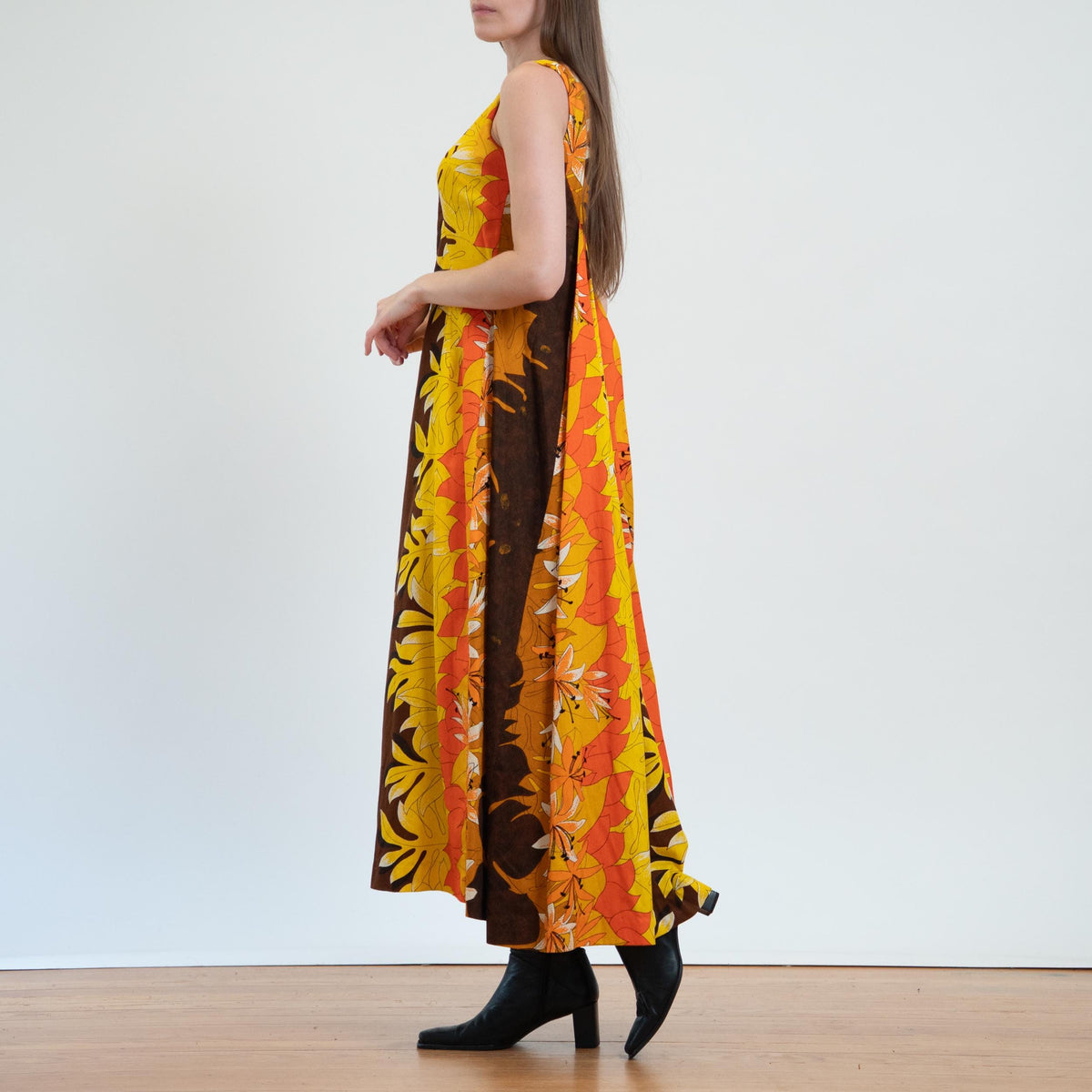 Vintage 60s Tropical Fall Floral Hawaiian Watteau Dress - Extra Small | Resort Wear Draped Back Kaftan Sundress