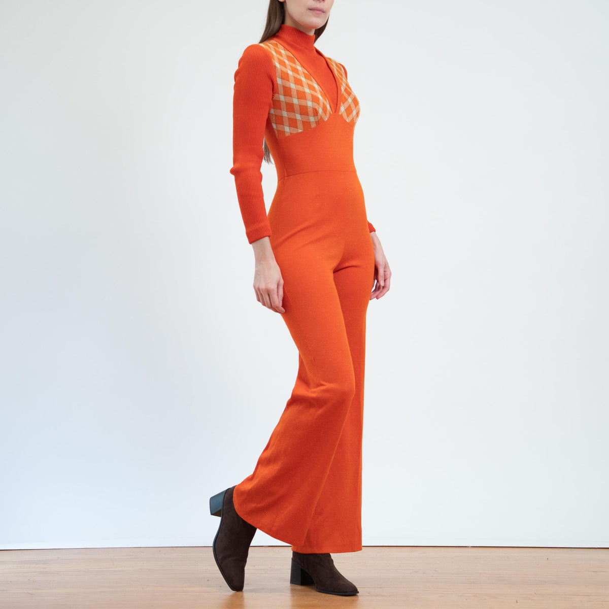 Vintage 70s Orange Plaid Flared Jumpsuit - Extra Small | Retro Disco Leisure Suit Pantsuit