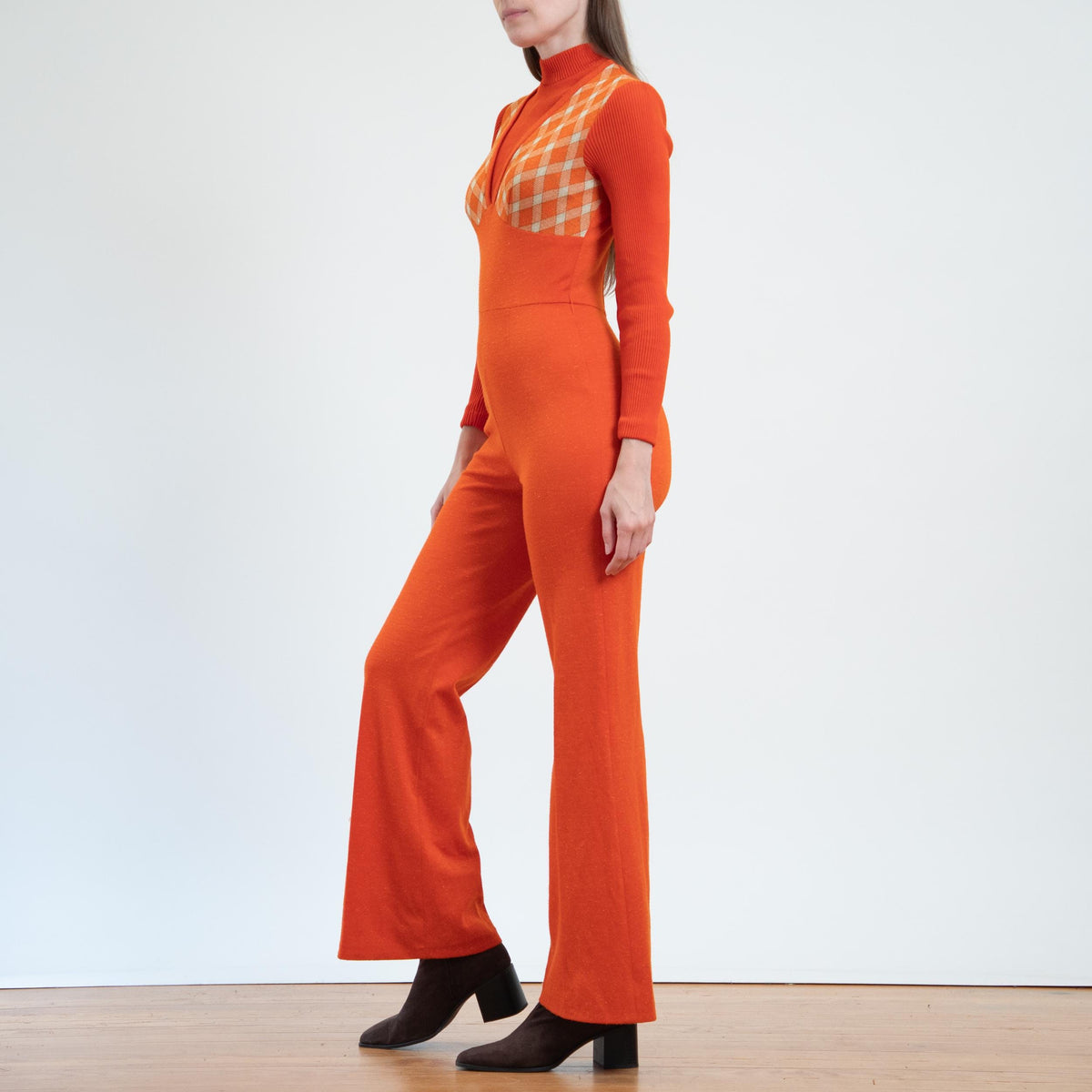 Vintage 70s Orange Plaid Flared Jumpsuit - Extra Small | Retro Disco Leisure Suit Pantsuit