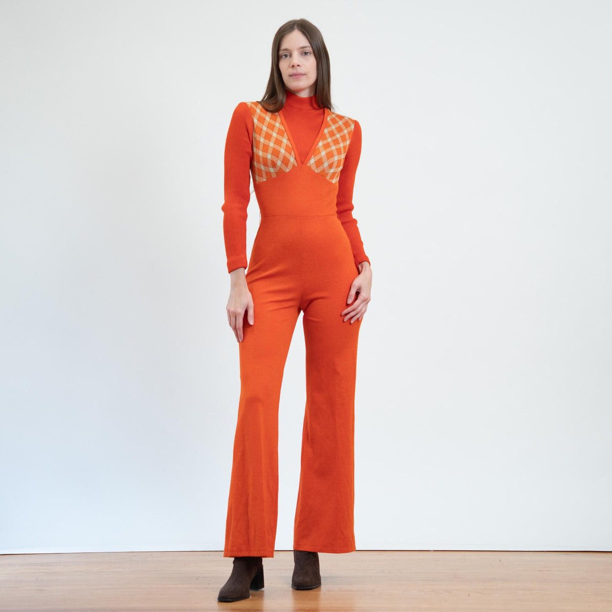 Vintage 70s Orange Plaid Flared Jumpsuit - Extra Small | Retro Disco Leisure Suit Pantsuit