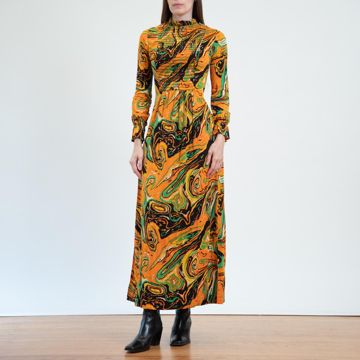 Vintage 60s 70s Psychedelic Orange Marbled Maxi Dress - Extra Small | Boho Long Sleeve Abstract Print Dress