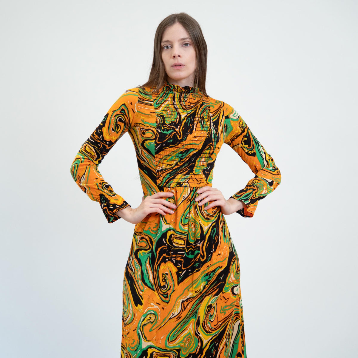 Vintage 60s 70s Psychedelic Orange Marbled Maxi Dress - Extra Small | Boho Long Sleeve Abstract Print Dress