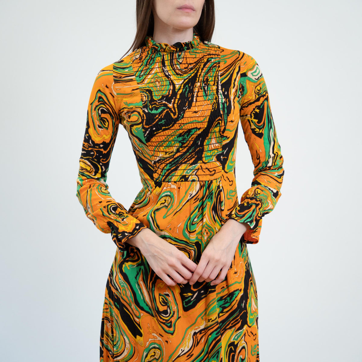 Vintage 60s 70s Psychedelic Orange Marbled Maxi Dress - Extra Small | Boho Long Sleeve Abstract Print Dress