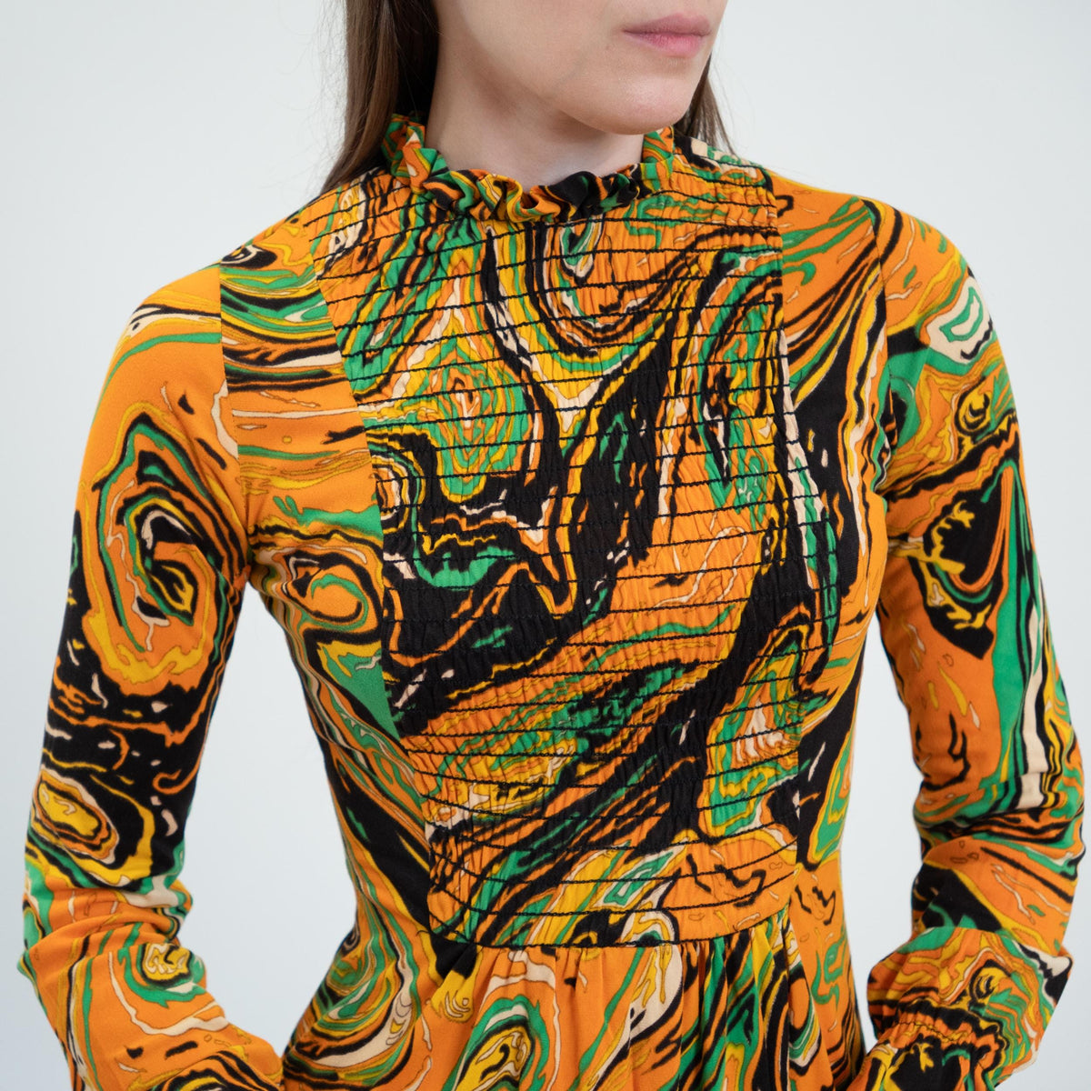 Vintage 60s 70s Psychedelic Orange Marbled Maxi Dress - Extra Small | Boho Long Sleeve Abstract Print Dress