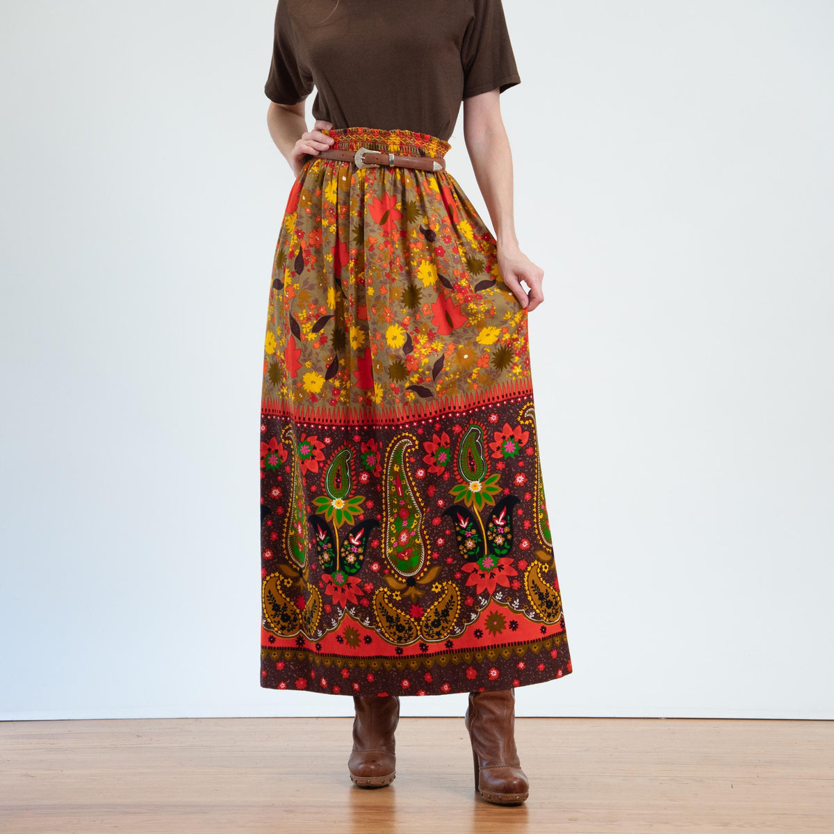 Vintage 70s Hawaiian Flower Power Maxi Skirt - Small to Medium | Boho Barkcloth Long Hostess Skirt