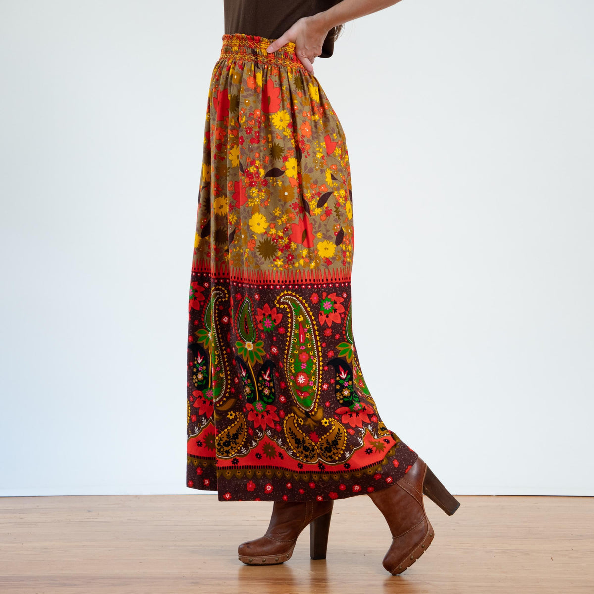 Vintage 70s Hawaiian Flower Power Maxi Skirt - Small to Medium | Boho Barkcloth Long Hostess Skirt