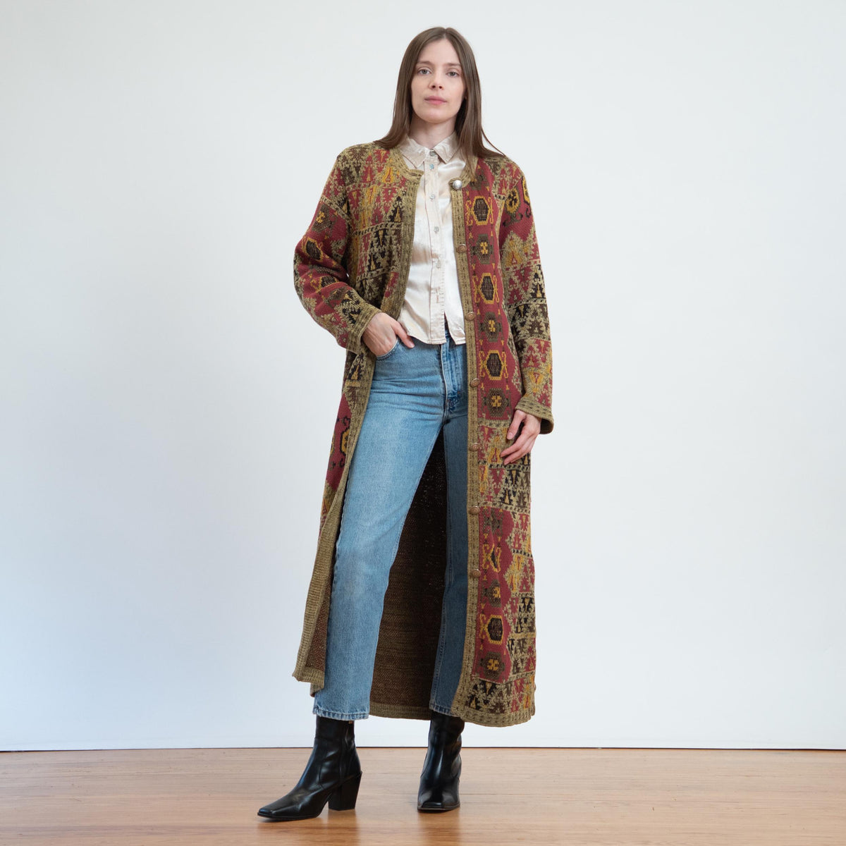 Vintage 90s Chenille Tapestry Duster Cardigan - Small | Boho Soft Surroundings Long Sweater Jacket