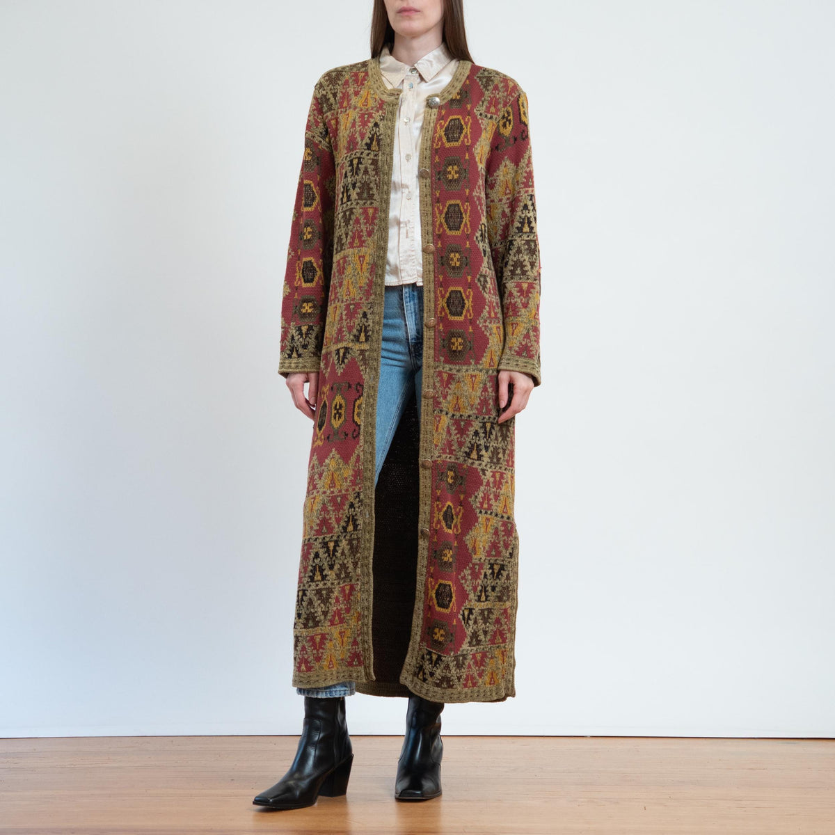 Vintage 90s Chenille Tapestry Duster Cardigan - Small | Boho Soft Surroundings Long Sweater Jacket