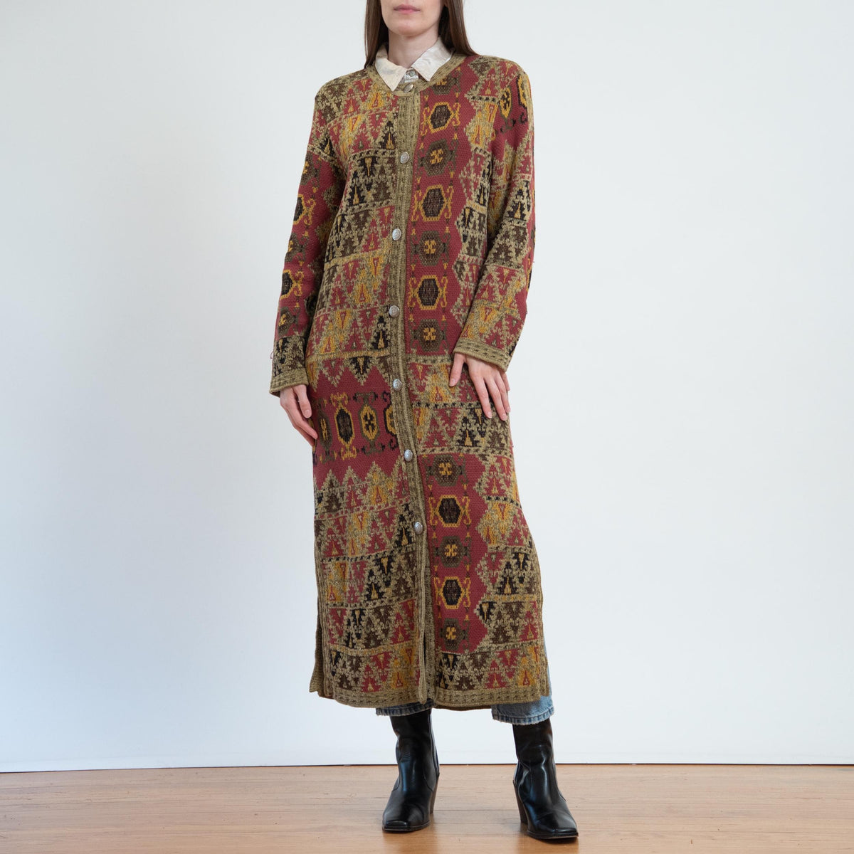 Vintage 90s Chenille Tapestry Duster Cardigan - Small | Boho Soft Surroundings Long Sweater Jacket