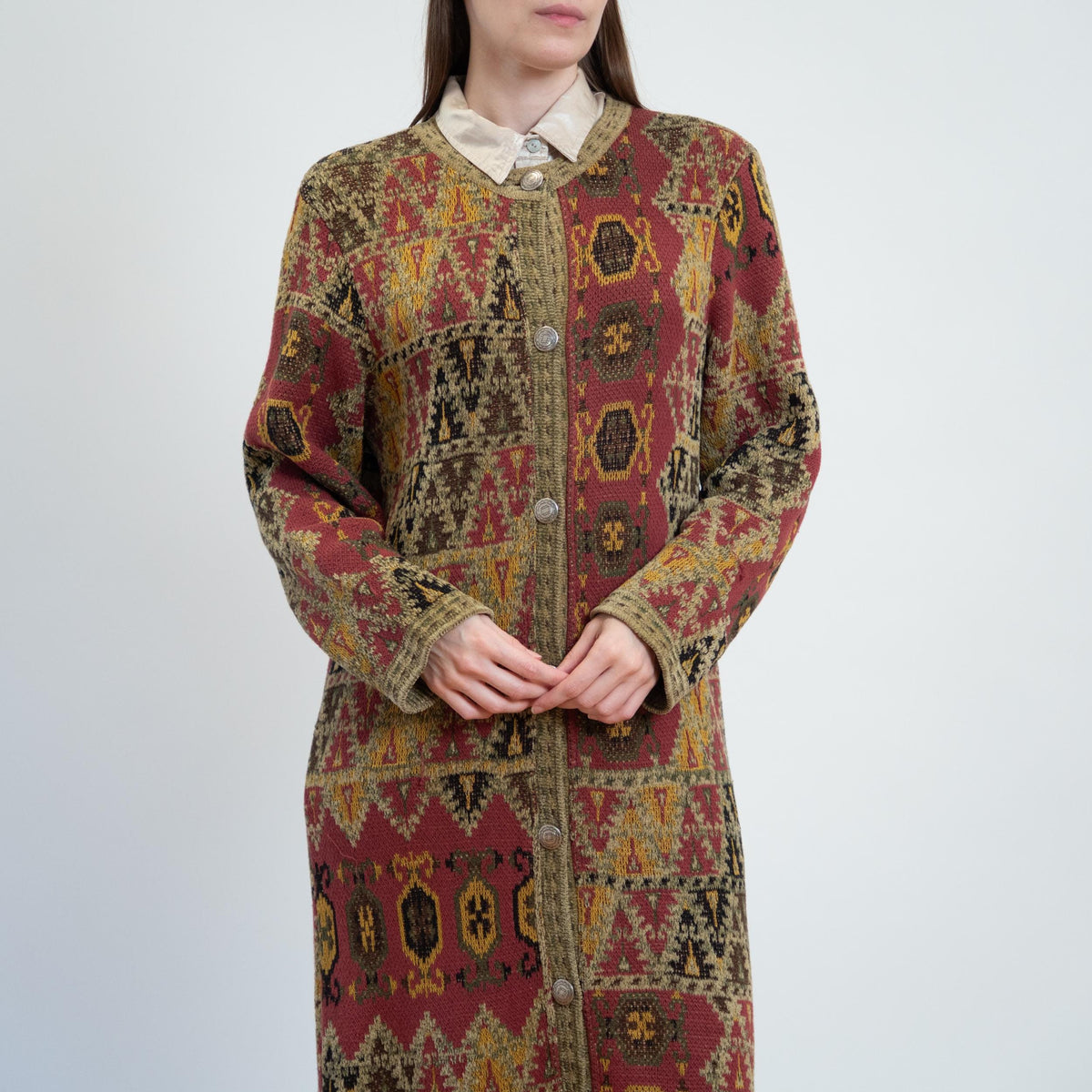 Vintage 90s Chenille Tapestry Duster Cardigan - Small | Boho Soft Surroundings Long Sweater Jacket