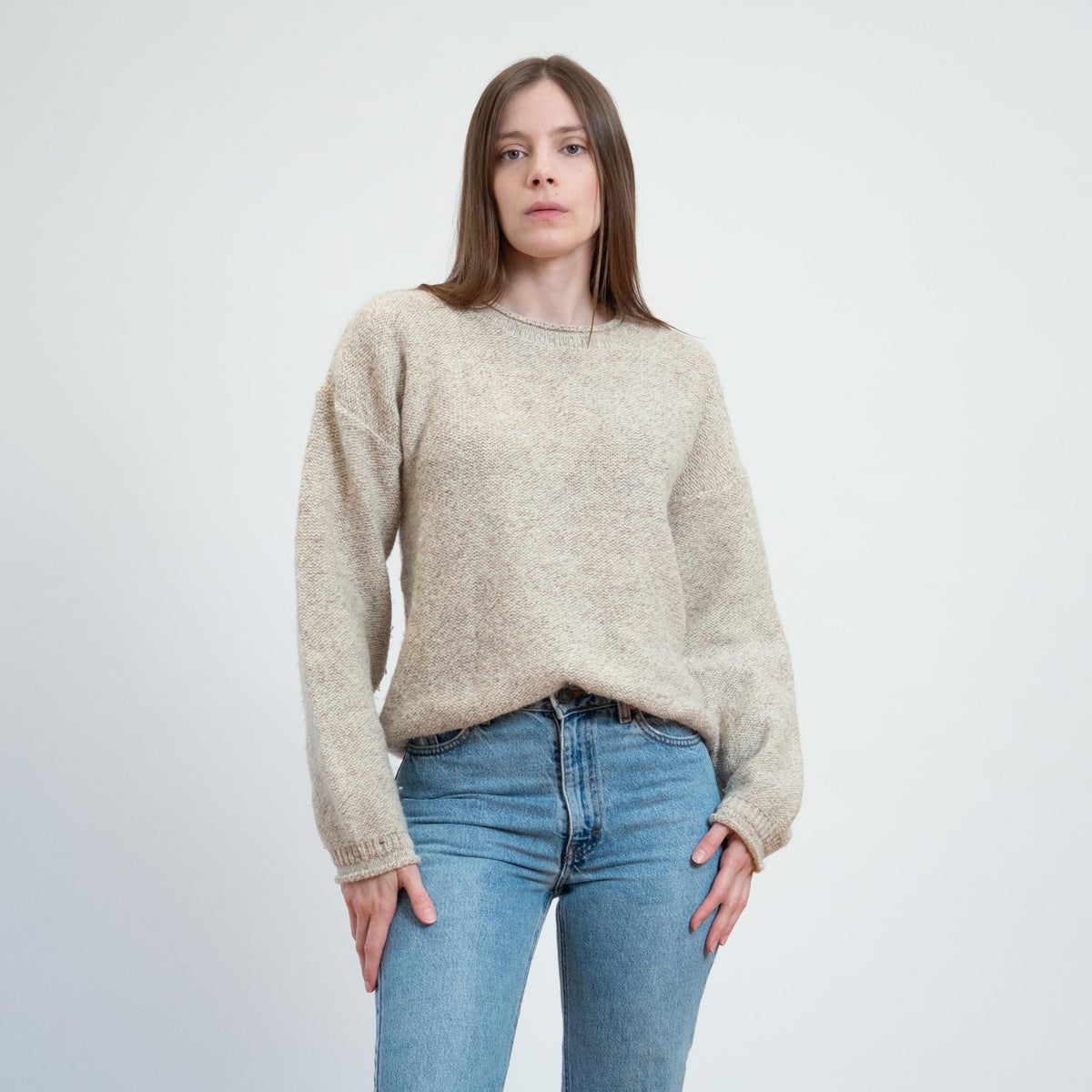 Vintage 90s Y2K Woolrich Oatmeal Roll Neck Sweater - Small | Wool Knit Drop Shoulder Pullover