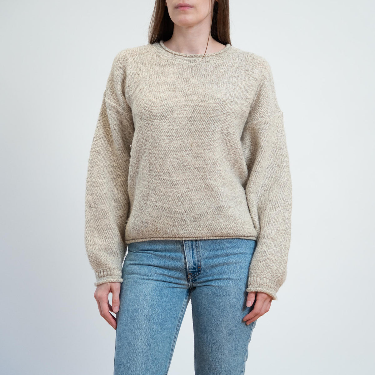 Vintage 90s Y2K Woolrich Oatmeal Roll Neck Sweater - Small | Wool Knit Drop Shoulder Pullover