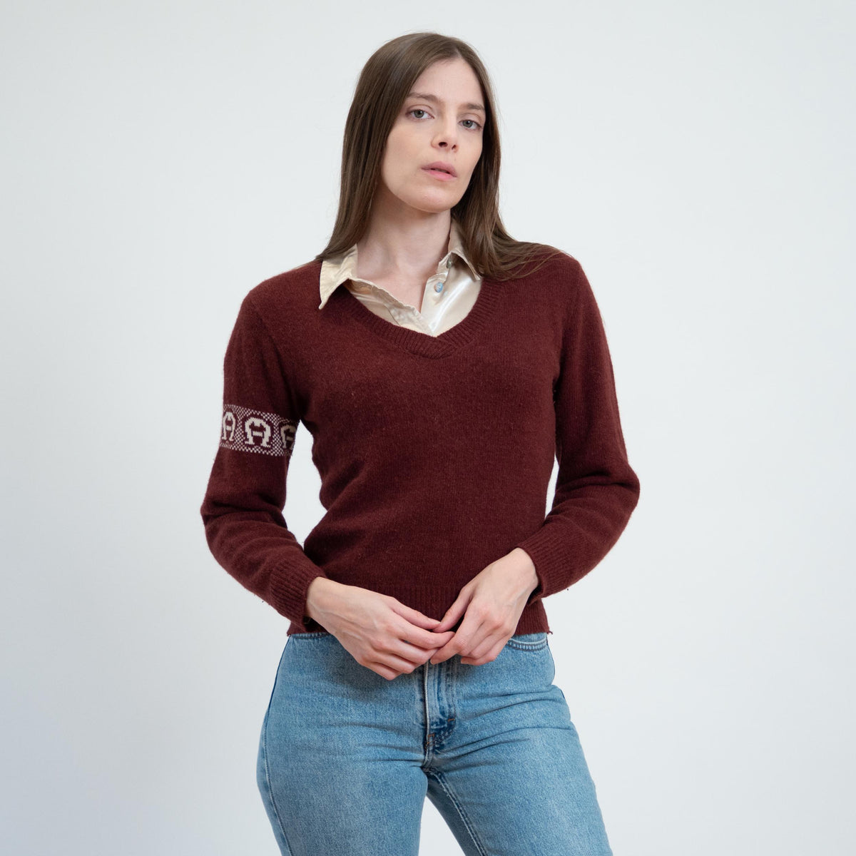 Vintage 70s Etienne Aigner Wine Red Logo Sweater - Small | V Neck Pullover Sweatshirt Top