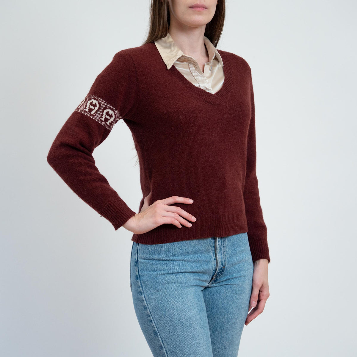Vintage 70s Etienne Aigner Wine Red Logo Sweater - Small | V Neck Pullover Sweatshirt Top