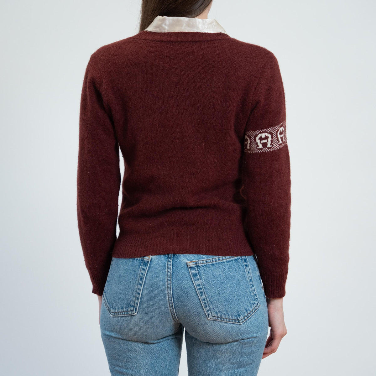 Vintage 70s Etienne Aigner Wine Red Logo Sweater - Small | V Neck Pullover Sweatshirt Top