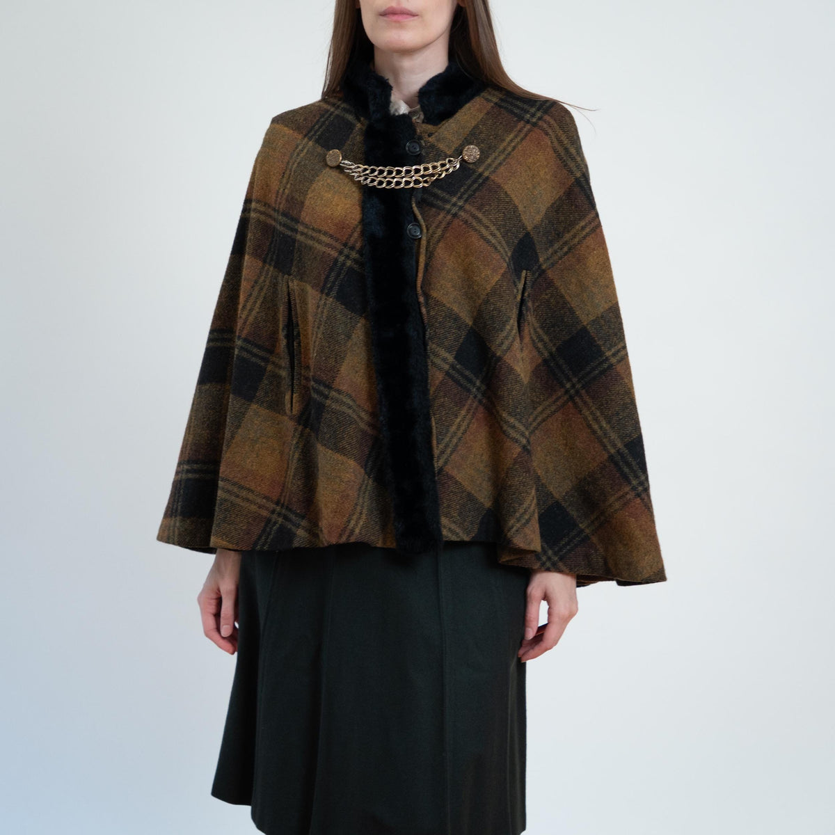 Vintage 60s Plaid Wool Plush Trim Cape - Small to Medium | Queen Of The Capes Tartan Poncho