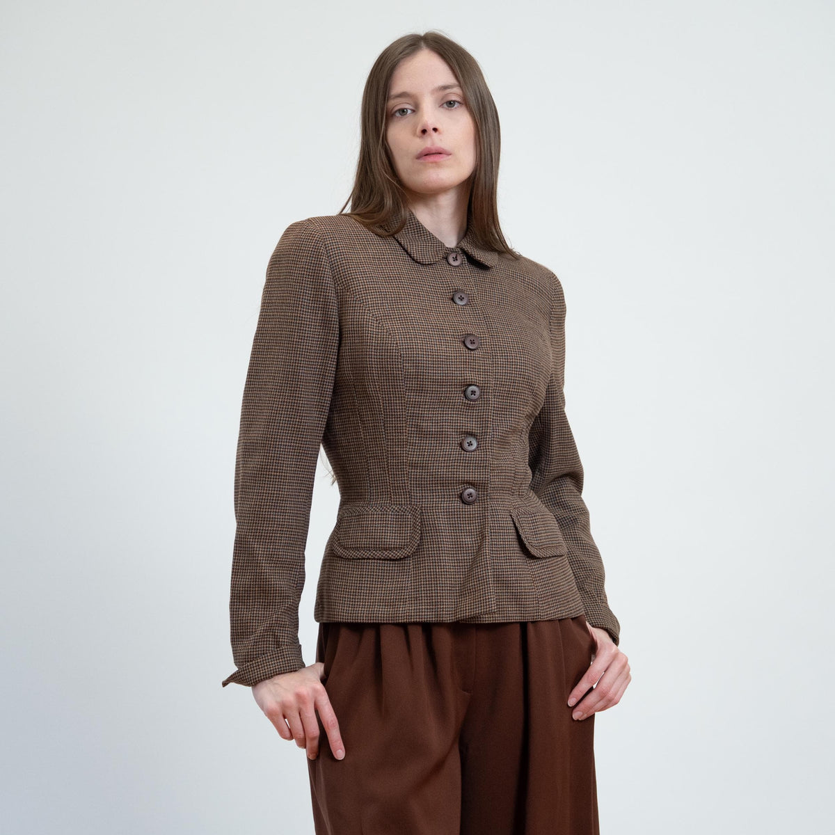 Vintage 40s Brown Tweed Fitted Blazer - Small | 1940s Button Up Wool Jacket