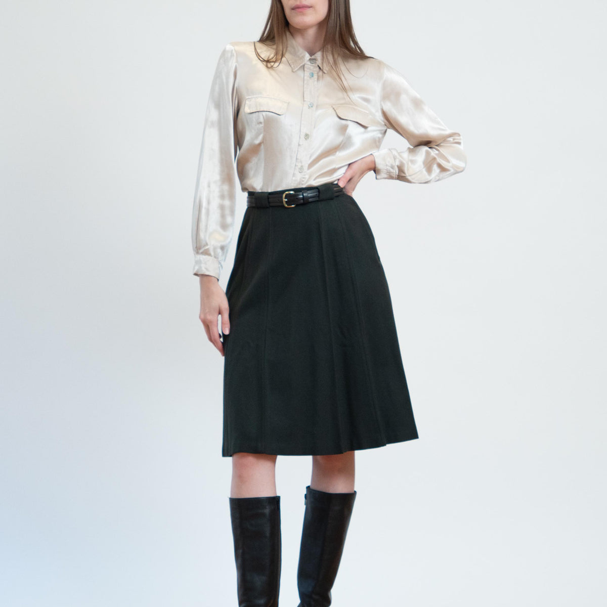 Vintage 50s Charcoal Grey Wool Skirt - Extra Small, 25" Waist | Knee Length A Line Academia Skirt