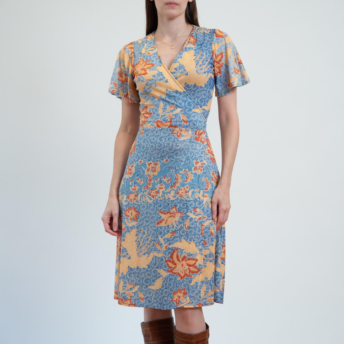 Vintage 70s Blue Fall Floral Wrap Dress - Small to Medium | Boho Flutter Sleeve Midi Sundress