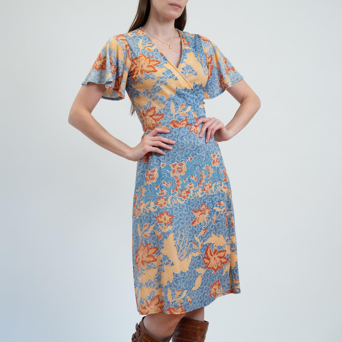 Vintage 70s Blue Fall Floral Wrap Dress - Small to Medium | Boho Flutter Sleeve Midi Sundress