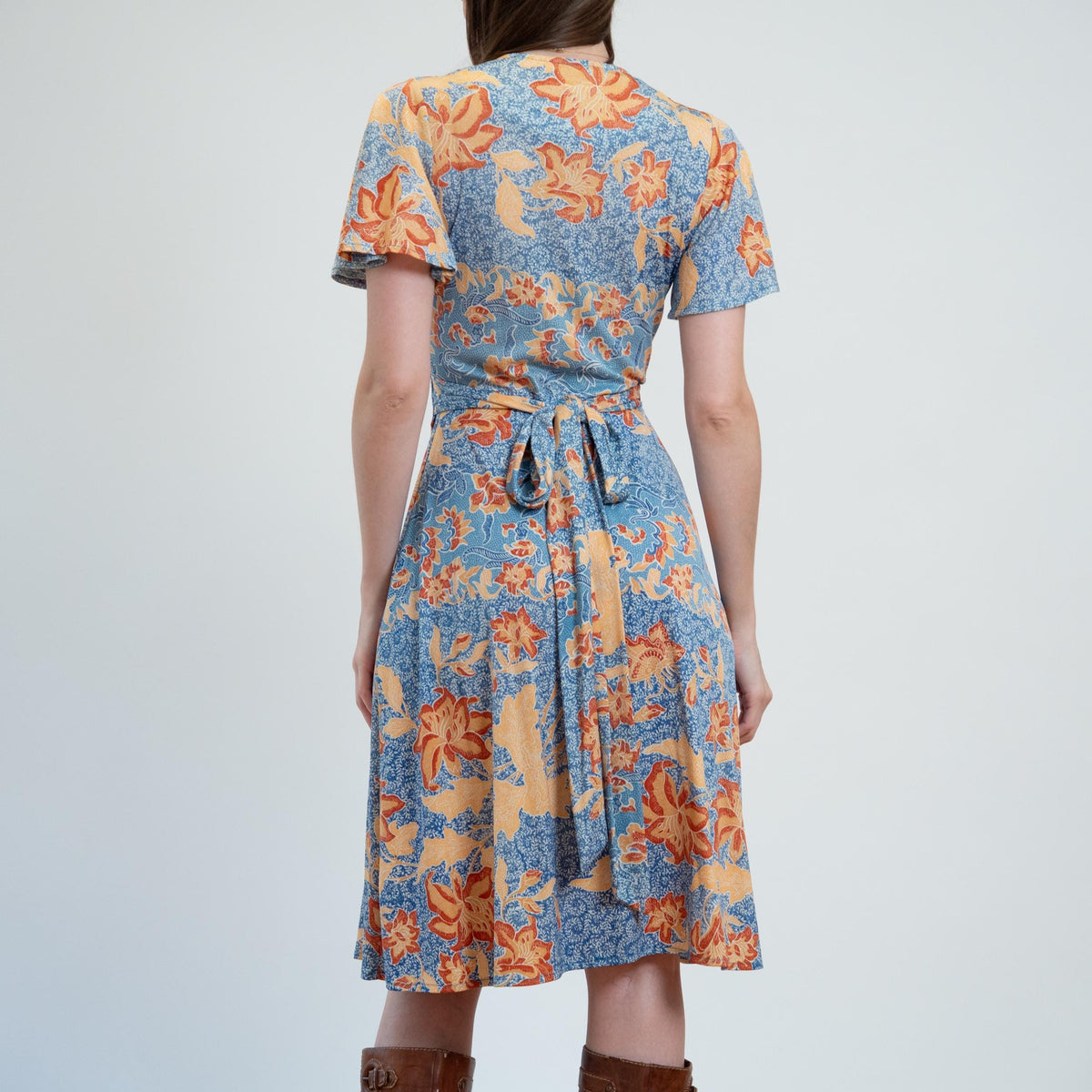 Vintage 70s Blue Fall Floral Wrap Dress - Small to Medium | Boho Flutter Sleeve Midi Sundress